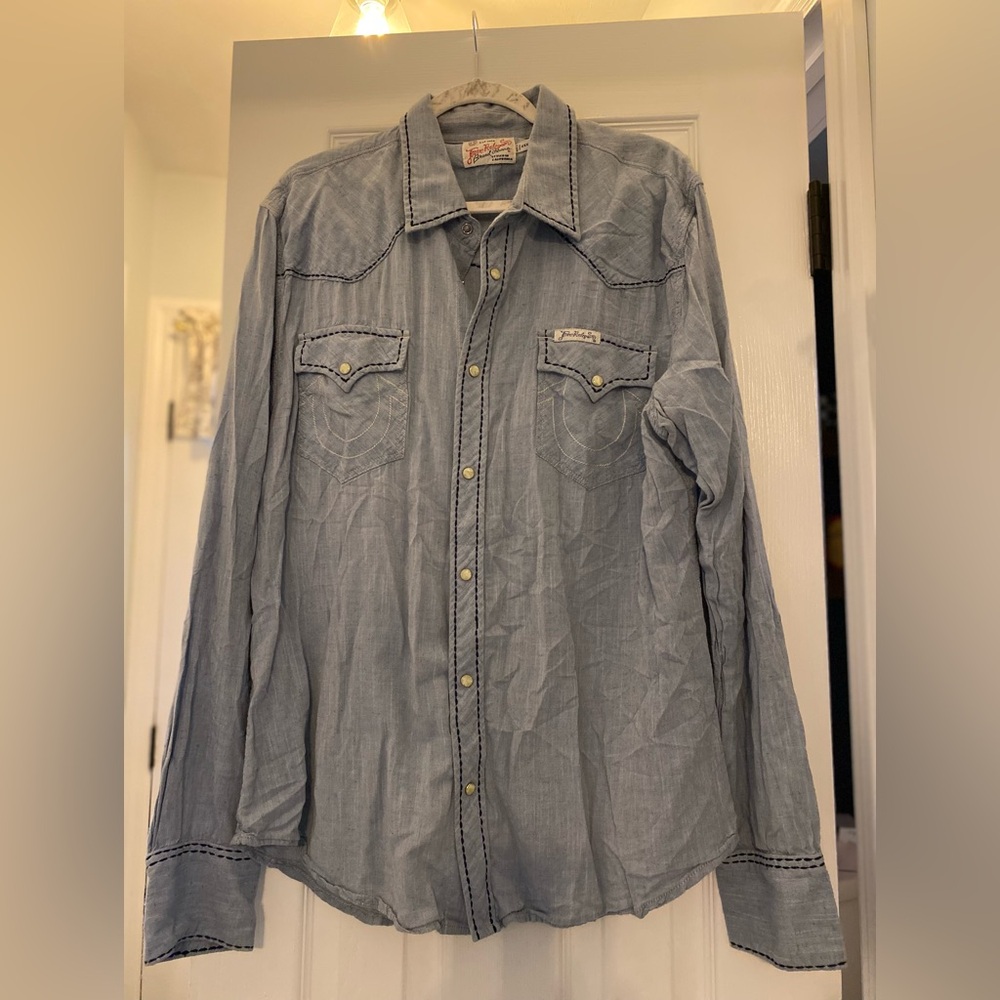 True Religion Brand XXXL Light Wash Denim Pearl Snap Embrodiered Shirt Y2K 90s